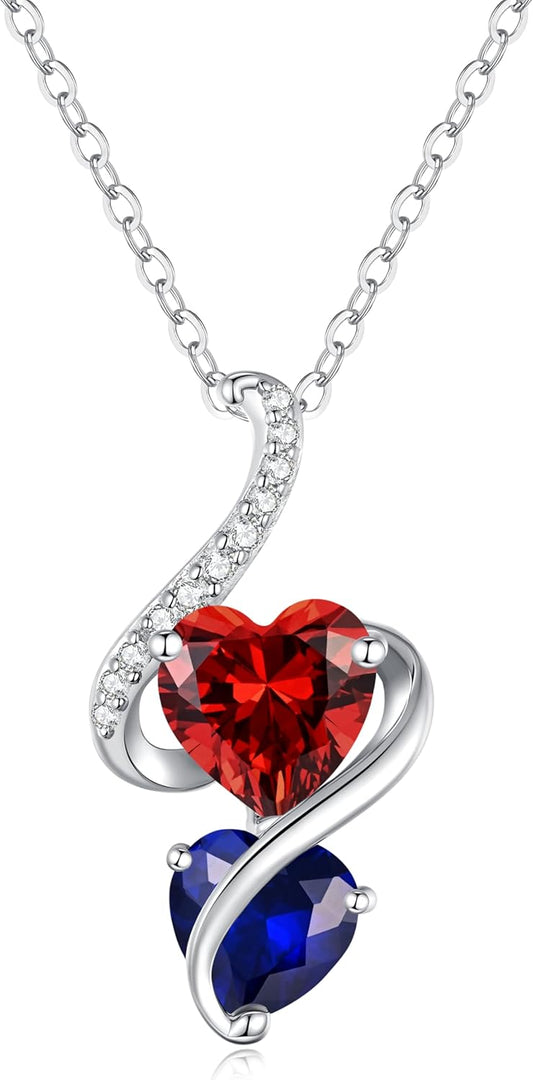 LOUISA SECRET Unique Double Heart Necklace Gifts for Wife Women, 925 Sterling Silver Tiny Birthstone Pendant Jewelry Gift for Her Girlfriend Mom Valentine's Day Anniversary Mother's Day Birthdays & Christmas