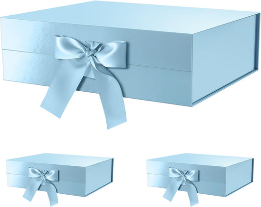 GREEN BEAN 3 Extra Large Gift Box with Lid for Present 16.3x14.2x5 Inches, Baby Blue Magnetic Gift Box with Ribbon for Clothes and Large Gifts (Glossy Baby Blue)
