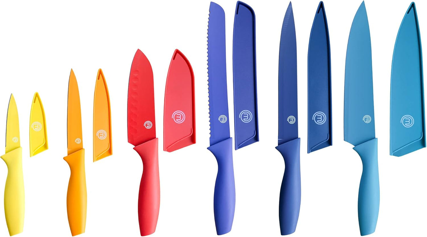 MasterChef Kitchen Knife Set with Covers incl. Paring, Boning, Carving, Bread, Santoku & Chef Knife, Sharp Cutting Stainless Steel Blades with Sheaths, 12 Piece (6 Colored Kitchen Knives & 6 Covers)