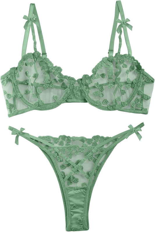 Lilosy Sexy Underwire Cute Push Up Strappy Embroidered Mesh Sheer Lingerie Set See Through Panty Bra