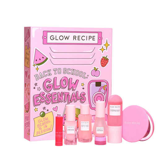 Glow Recipe Back to School Essentials Korean Skin Care Set - Watermelon Fine Mist, Dew Drops, PHA Facial Toner, Pink Juice Moisturizer, Strawberry Blur Drops, Glossy Balm & Compact Mirror (7 Count)