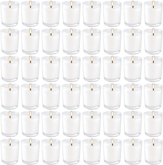 48 Pack White Unscented Clear Glass Filled Votive Candles. Hand Poured Wax Candle Ideal Gifts for Aromatherapy Spa Weddings Birthdays Holidays Party (White)