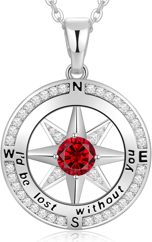 Peeshow Gifts for Women Wife-Compass Birthstone Necklace Gift for Wife Birthday Wedding Anniversary Women Jewelry for Her Girlfriend S925 Sterling Silver