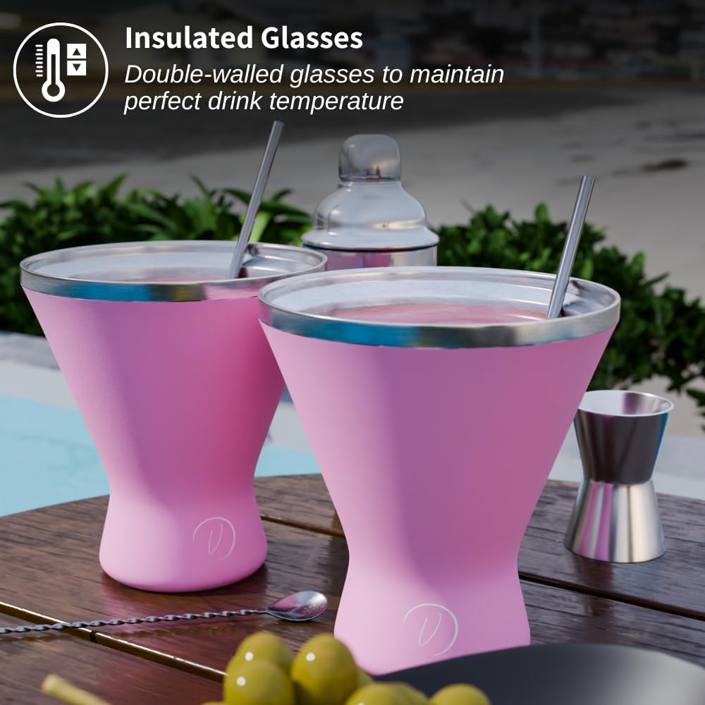 Stainless Steel Martini Glass [Pack of 2] – 10oz, Pink, Powder Coated, No Sweat, Double Wall Margarita Cup with Lid | Ideal for Mother's Day Gift