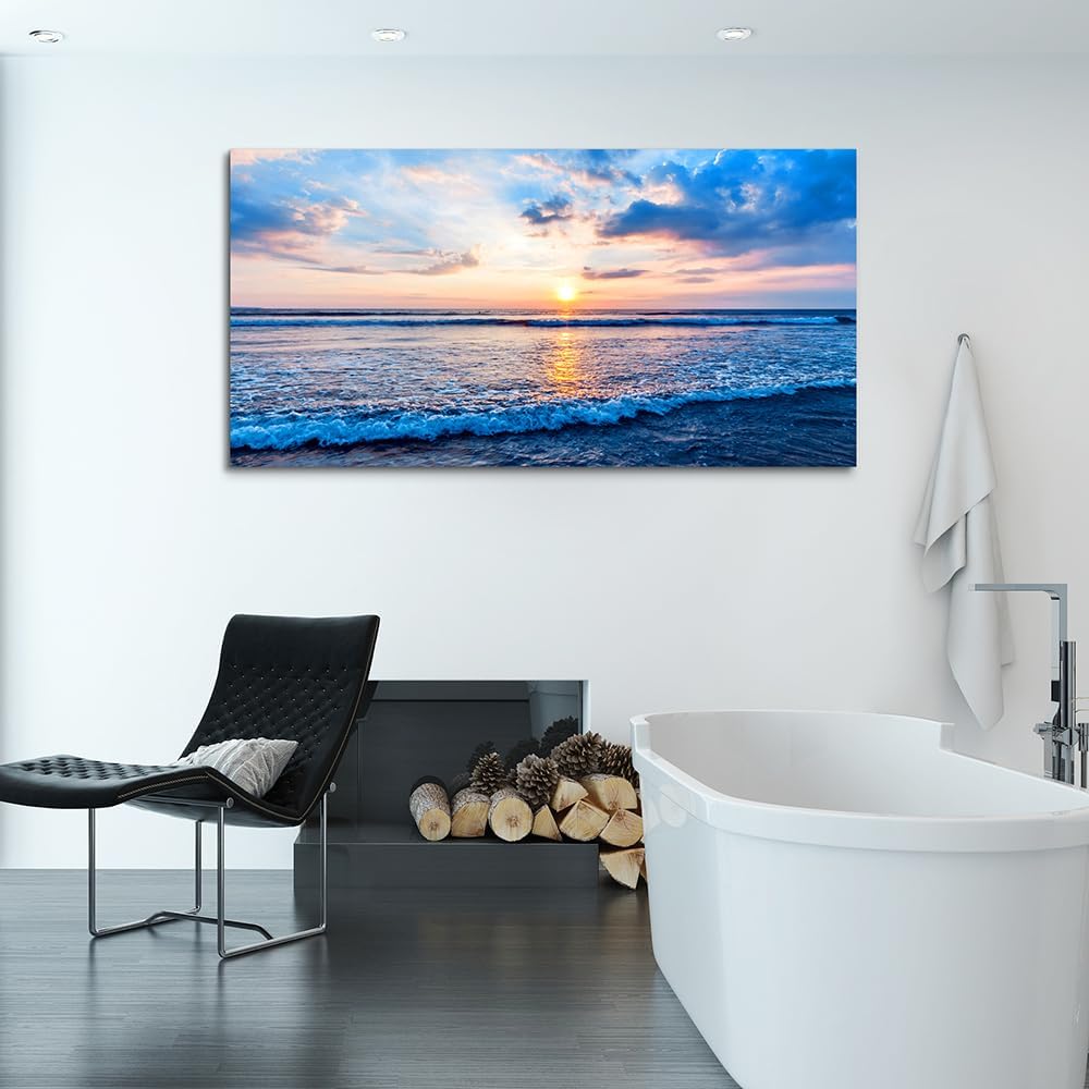 Wapluam Canvas Wall Art For Living Room Large Wall Decor Office Bedroom Home Decorations Blue Beach Ocean Sea Waves Landscape Wall Painting Posters Prints Pictures Wall Mural Artwork 24 X 48 in