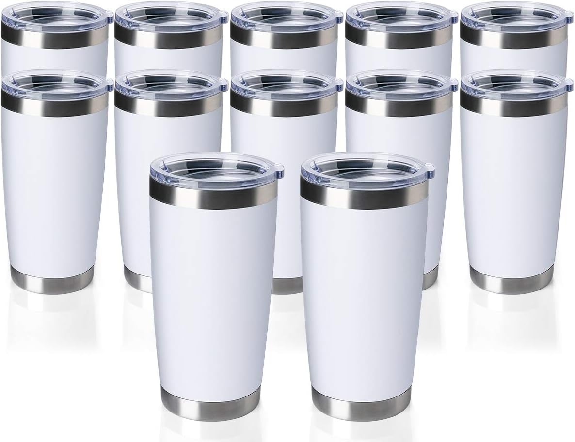 12 pack 20 OZ Double Wall Stainless Steel Vacuum Insulated Tumbler Coffee Travel Mug With Lid, Durable Powder Coated Insulated Coffee Cup for Cold & Hot Drinks (White, 12 pack)