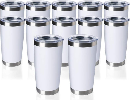 12 pack 20 OZ Double Wall Stainless Steel Vacuum Insulated Tumbler Coffee Travel Mug With Lid, Durable Powder Coated Insulated Coffee Cup for Cold & Hot Drinks (White, 12 pack)