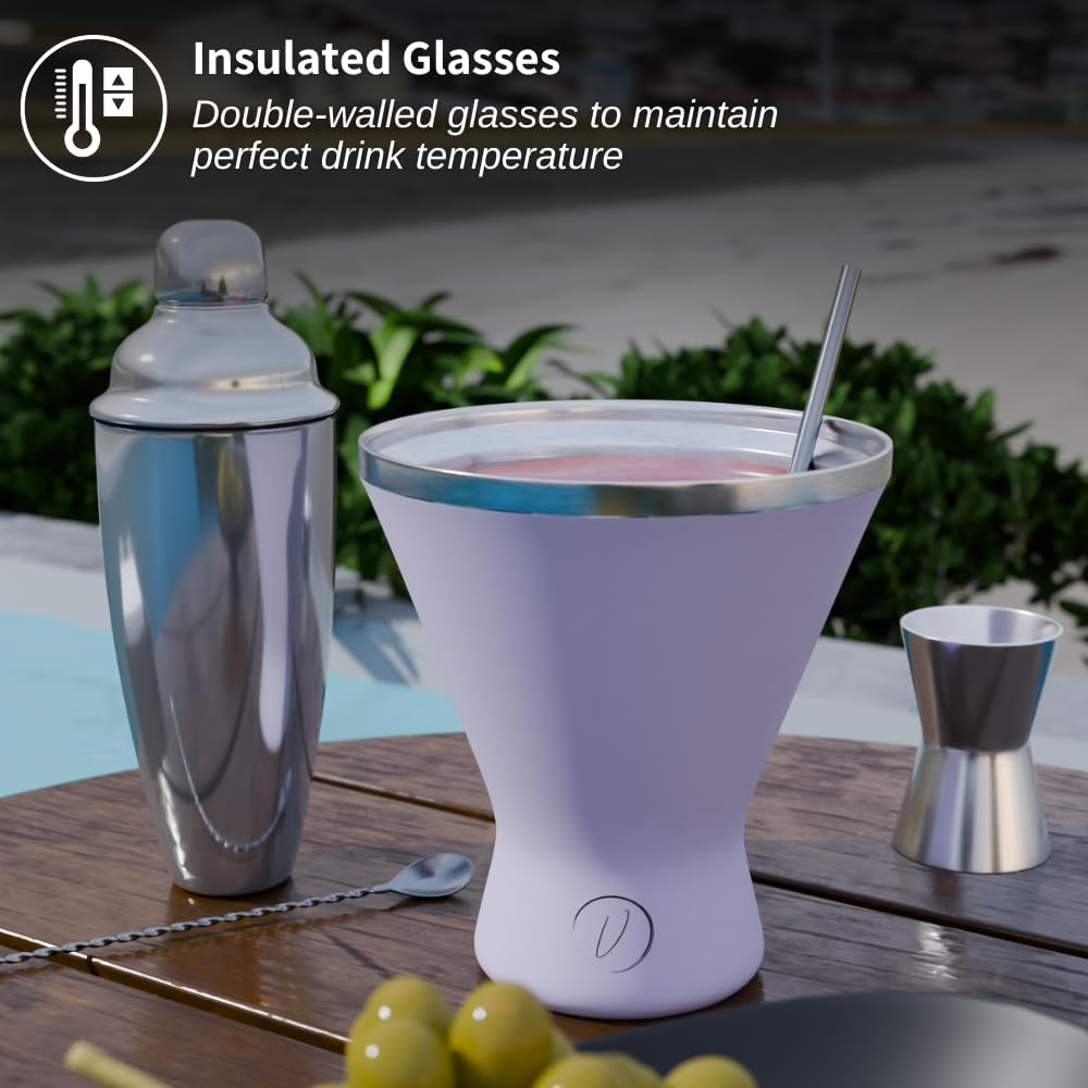 Stainless Steel Martini Glass [Pack of 1] – 10oz, Lilac, Powder Coated, No Sweat, Double Wall Margarita Cup with Lid | Ideal for Mother's Day Gift