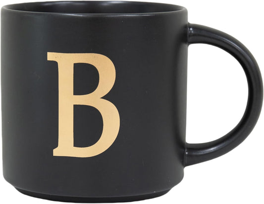 COLLECTIVE HOME - Monogram Ceramic Mugs, 15 oz Golden Initial Black Coffee Cups, Elegant Alphabet Tea Mugs, Elegant Personalized Mug with Gift Box, Unique Mug with Double Side Capital Lette (B)