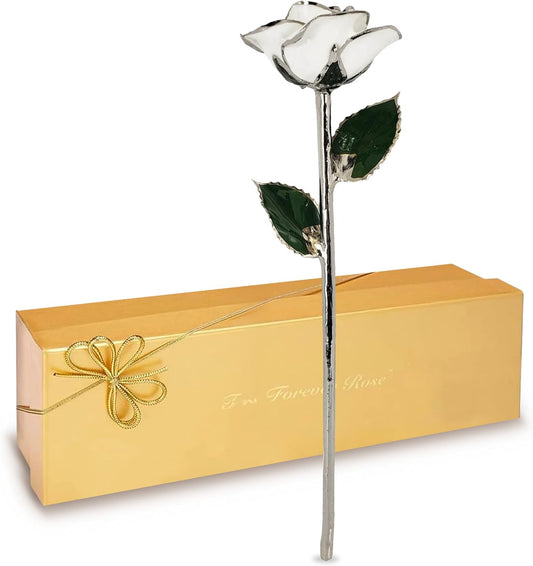 Forever Rose Real Snow White Rose with Platinum Trimmed Petals and Platinum Stem, Handcrafted Preserved Rose in Luxury Gold Gift Box, Romantic Gift for Her, Elegant Gift for Any Occasion