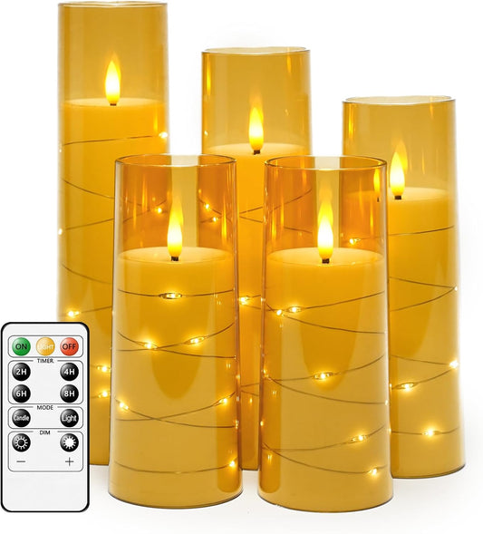 Flameless LED Candles with Timer 5 Pc Flickering Flameless Candles for Romantic Ambiance and Home Decoration Stable Acrylic Shell,with Embedded Star String，Battery Operated Candles（Gold）