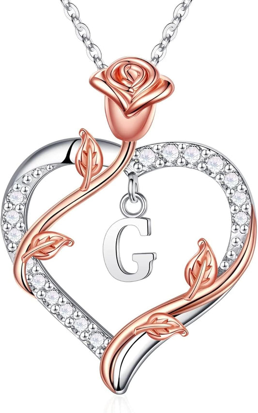 Iefil Rose Heart Necklaces Gifts for Women - 925 Sterling Silver Heart Initial Necklace, Anniversary Birthday Gifts for Women, Jewelry Gift for Wife Wife Girlfriend Mom