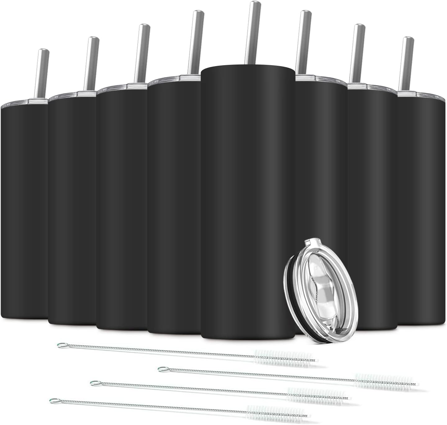 8 Pack Stainless Steel Skinny Tumbler, 20 OZ Double-Insulated Water Tumbler Cup with 8 Straw and 4 Brush, Vacuum Travel Mug Gift for Hot Cold Drinks with Cleaning(Black)