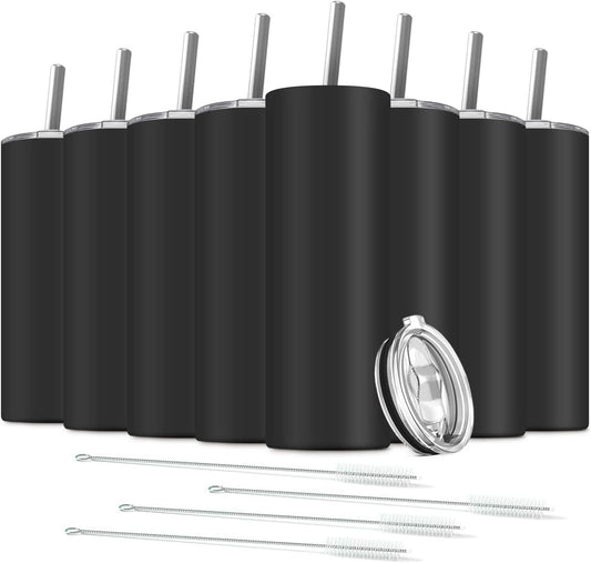 8 Pack Stainless Steel Skinny Tumbler, 20 OZ Double-Insulated Water Tumbler Cup with 8 Straw and 4 Brush, Vacuum Travel Mug Gift for Hot Cold Drinks with Cleaning(Black)