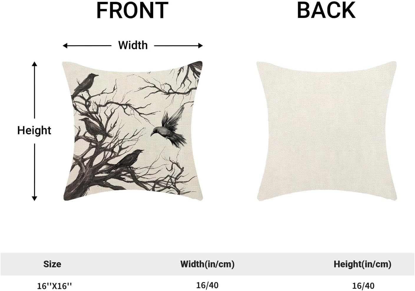 Halloween Pillow Covers 16x16 Inch Set of 2 Black Crows Branch Decorative Farmhouse Throw Pillow Covers Outdoor Halloween Decor Linen Cushion Case for Couch Home Sofa Decorations