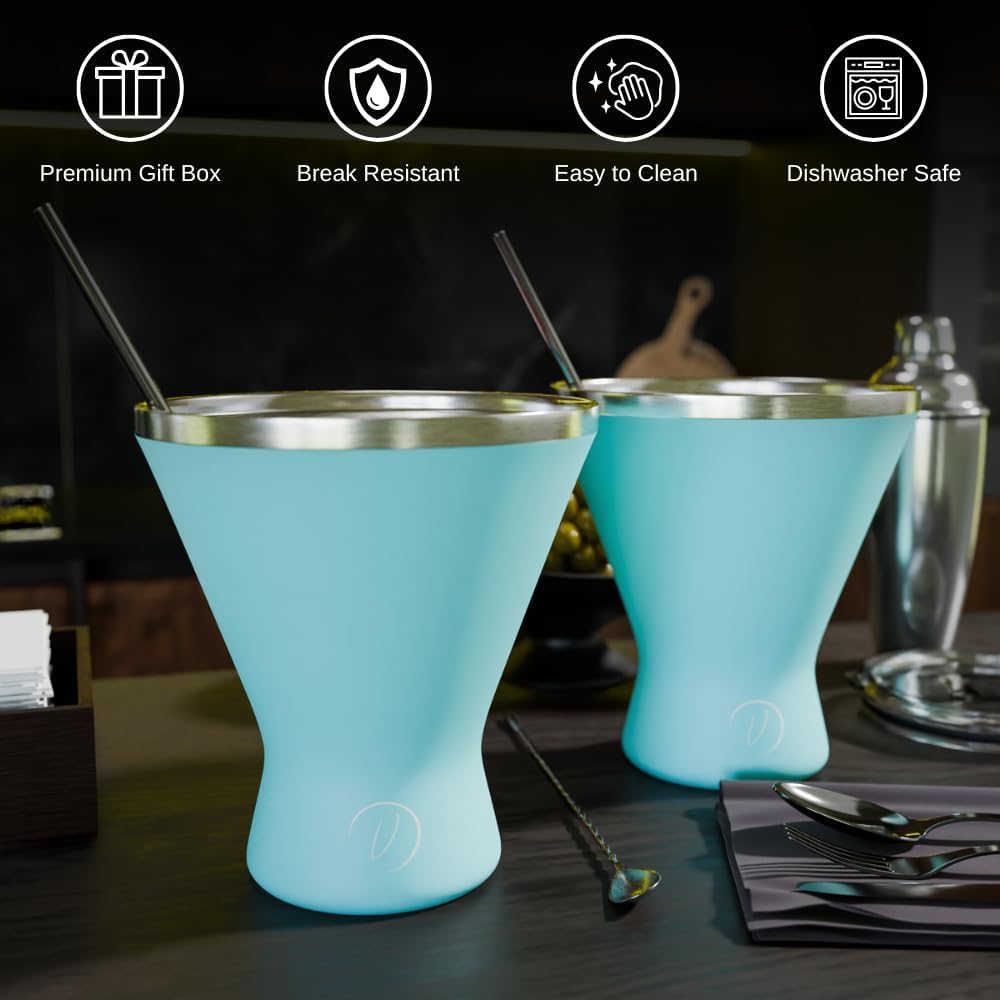 Stainless Steel Martini Glass [Pack of 2] – 10oz, Blue, Powder Coated, No Sweat, Double Wall Margarita Tumbler for Cocktails and Cold Drinks | Ideal for Mother's Day Gift