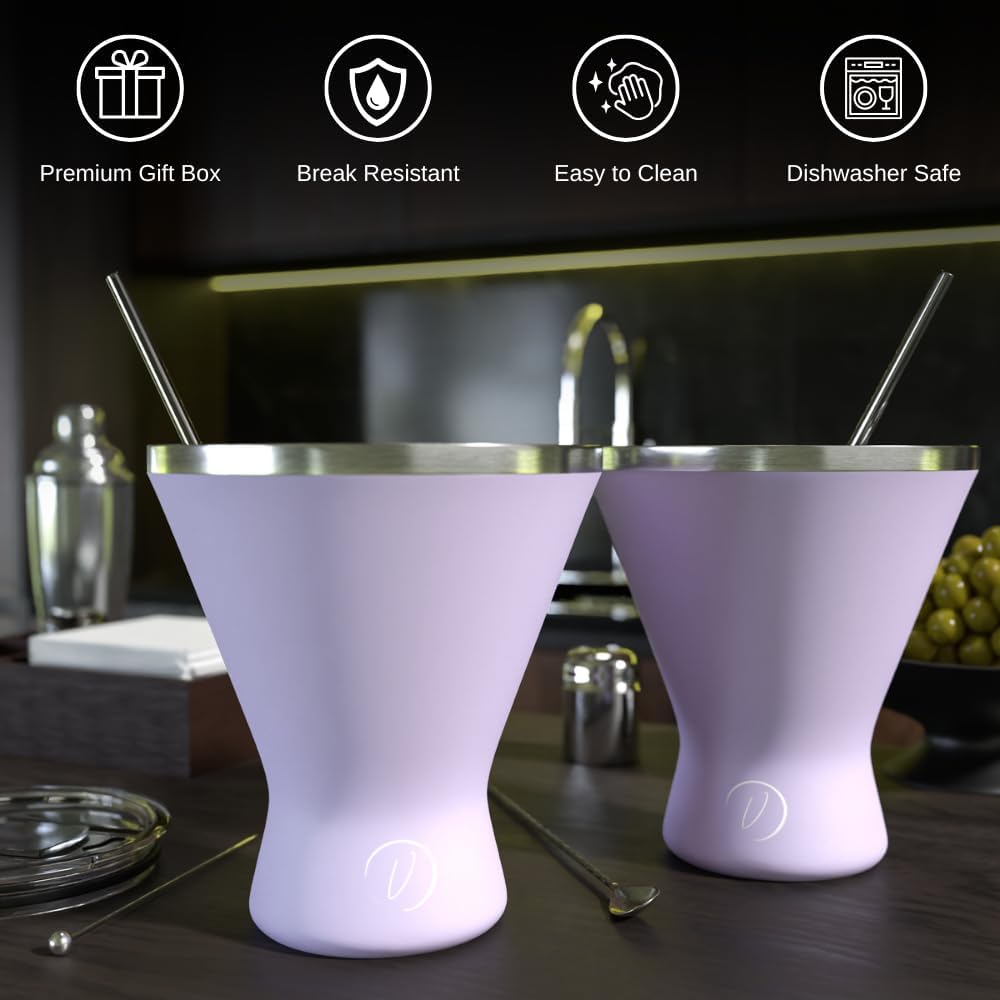 Stainless Steel Martini Glass [Pack of 2] – 10oz, Lilac, Powder Coated, No Sweat, Double Wall Margarita Cup with Lid | Ideal for Mother's Day Gift