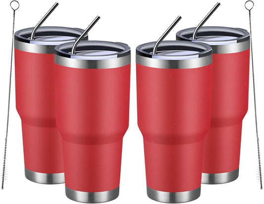 MEWAY 30oz Insulated Tumbler With Lids and Straws,Stainless Steel Double Vacuum Coffee Tumbler Cup, Brush, Durable Powder Coated Coffee Cup for Cold & Hot Drinks, Office, Travel(Coral red,4 PACK)