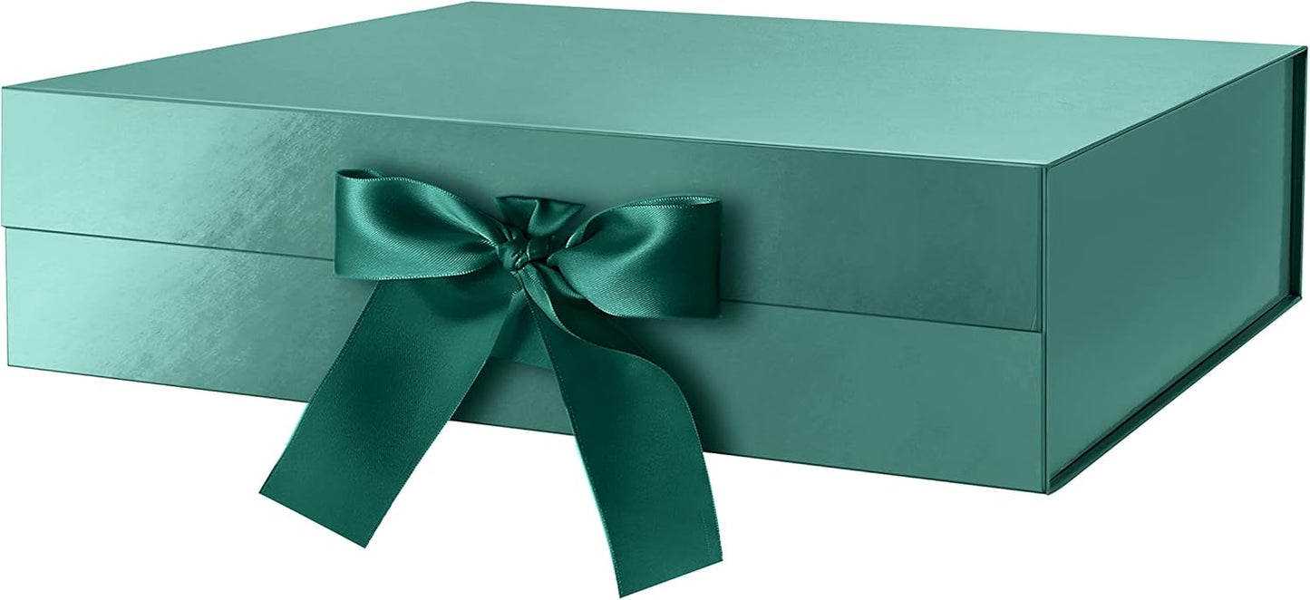 GREEN BEAN Large Gift Box with Lid for Present 13x9.7x3.4 Inches, Green Magnetic Gift Box with Ribbon, Bridesmaid Proposal Box (Glossy Green)