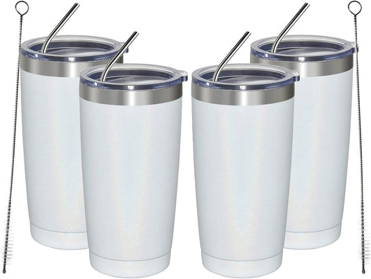 MEWAY 20oz Tumbler 4 Pack Double Wall Vacuum Insulated Travel Glitter Mug Bulk, Stainless Steel Tumblers with Lid and Straw, Powder Coated Coffee Cups for Woman(Rainbow White,Set of 4)