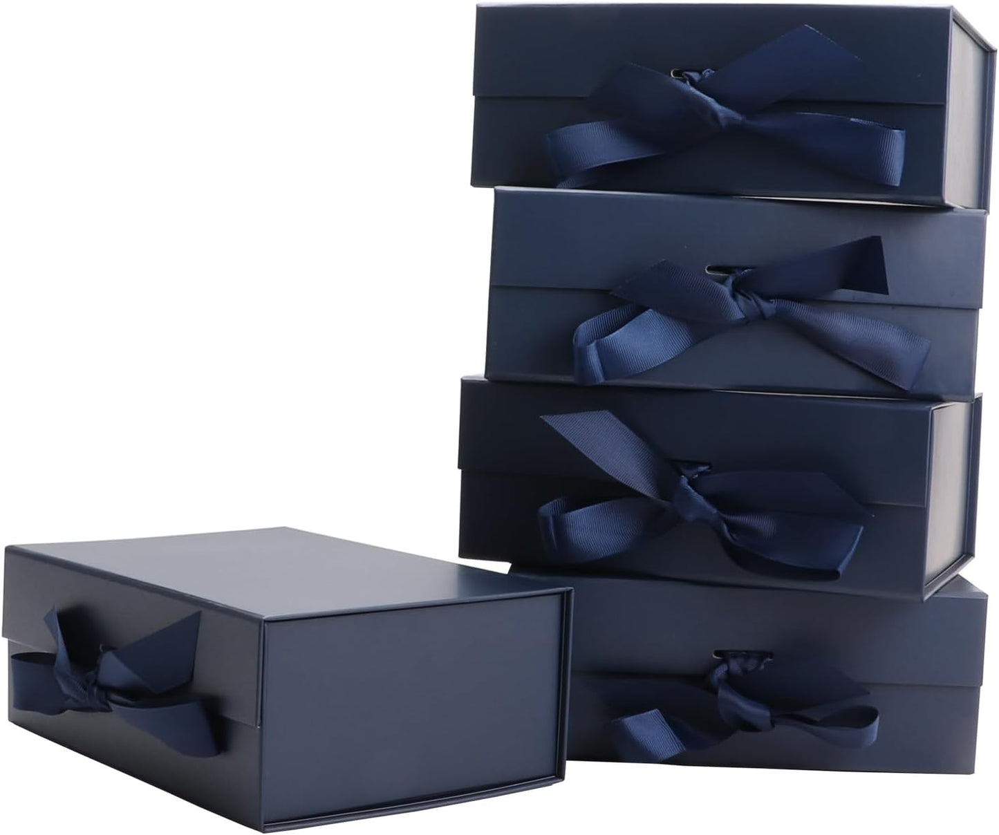 MEIANJU Dark Blue Gift Boxes 8.7*W6.5*H3.5inch with Ribbon Foldable Magnetic Gift Boxes Set of 5 Glossy Finish Magnetic Box for Luxury Presentations and Groomsmen Proposal