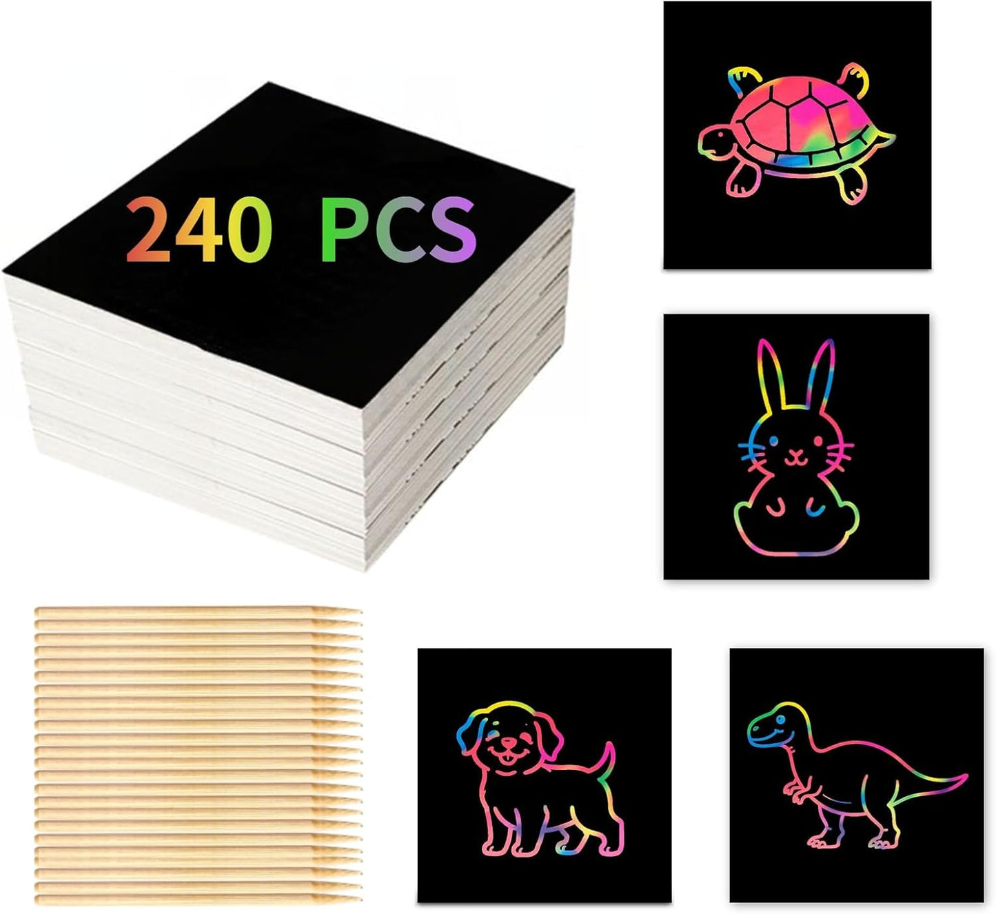 240 Scratch Paper for Kids with 26 Bamboo Styluses | Mess Free Scratch Paper Kit | Fun Classroom Crafts Activity &Creative Party Gifts (Ages 4-8, Travel Toy)