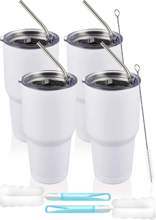 COMOOO 30oz White Tumbler Stainless Steel Insulated Tumbler with Lid and Straw Double Wall Vacuum Coffee Cup Large Travel Mug for Hot and Cold Drinks, Home, Office, School,Party (White, 4 Pack)