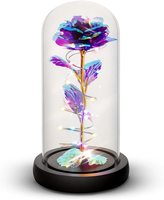Galaxy Roses - Eternal Glass Rose with LED Lights & Timer - Coolest Gifts for Girlfriend Mom Wife Daughter Women - Beauty and The Beast Rose for Christmas Wedding Anniversary Birthday - Blue
