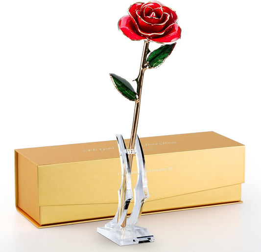 24K Gold Dipped Rose – Handpicked Real Rose Preserved in 24K Gold – Passionate, One-of-a-Kind Romantic Gift for Her – Ideal for Birthday, Anniversary, Mother’s Day, Valentine’s Day (Red)