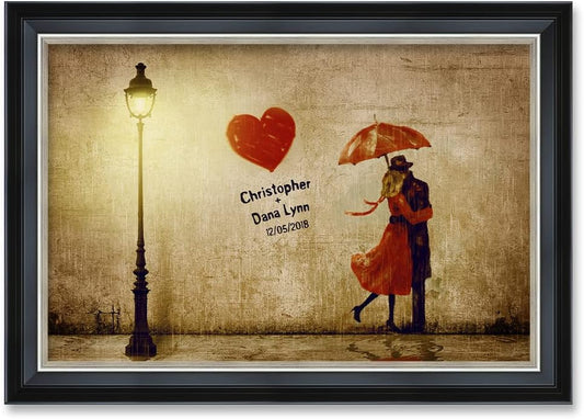 IPIC - Our First Kiss Personalized Framed Wall Art with Names and Date on, Giclee Prints with Solid Wood, Custom Gifts for Anniversary. Total Framed Size: 27.25" W x 19.25" H
