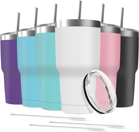 30oz Stainless Steel Travel Mug with Lid, 6 Pack Double Wall Vacuum Insulated Bulk Tumbler with 6 Straws, Powder Coated Coffee Cup Suitable for Vehicle Cup Holders(Assorted Colors)