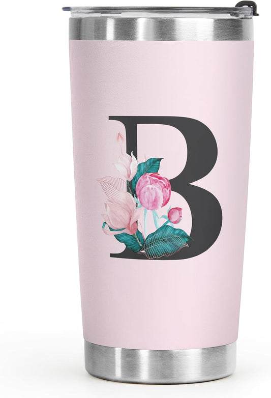 Shqiueos Initial Monogrammed Gifts for Women, 20 Oz Insulated Tumbler With Lid, Stainless Steel Vacuum Pink Cup, Personalized Christmas, Wedding, Birthday Gifts for Her Friends Mom Sister