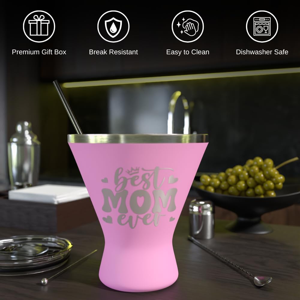 Mothers Day Gifts For Mom - Best Mom Ever Stainless Steel Martini Glass [Pink, 10oz, Pack of 1] - Powder - Coated, Double Wall Margarita Cup - Birthday, Mother's Day, New Mom Gifts for Women