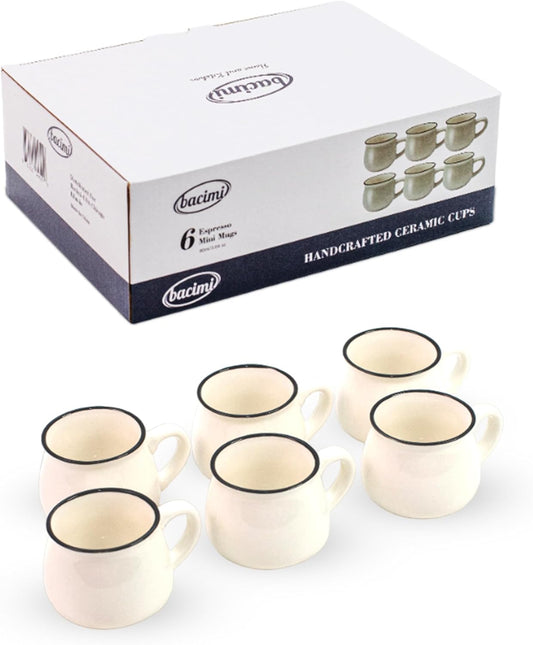 Bacimi® Mini Ceramic Espresso Coffee Mugs (Set of 6 / 3oz 90ML) - Small Drinking Cups - Dishwasher & Microwave Safe - Diner Style Modern Mugs for Coffee, Tea, Cocoa, Milk & Latte - White