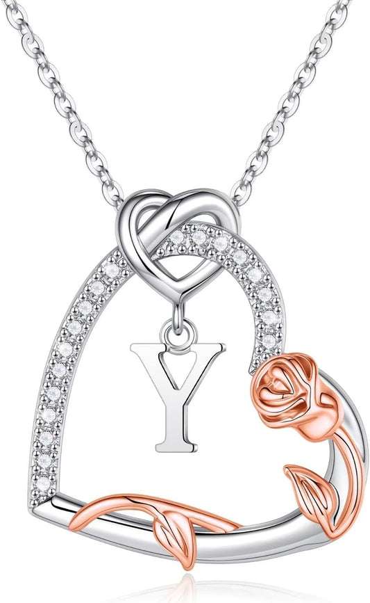 Iefil Rose Heart Necklaces Gifts for Women - 925 Sterling Silver Heart Initial Necklaces, Anniversary Birthday Gifts, Women Jewelry Gift for Wife Girlfriend Mom Daughter Her