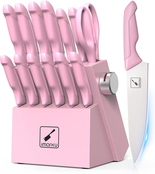 imarku Knife Set with Block, Sharp Knife Set with Built-in Sharpener, Japanese Stainless Steel Kitchen Knife Set with Non-Slip Ergonomic Handle, Dishwasher Safe, Best Holiday Gifts, 14 PCS, Pink