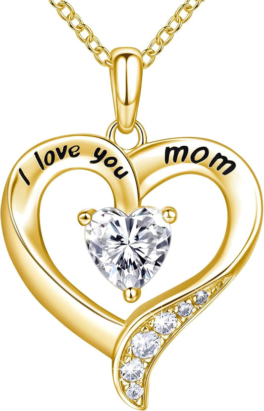 Mom Necklace 925 Sterling Silver Heart Necklaces for Women Engraved I Love You You Mom Gifts for Mom From Daughter