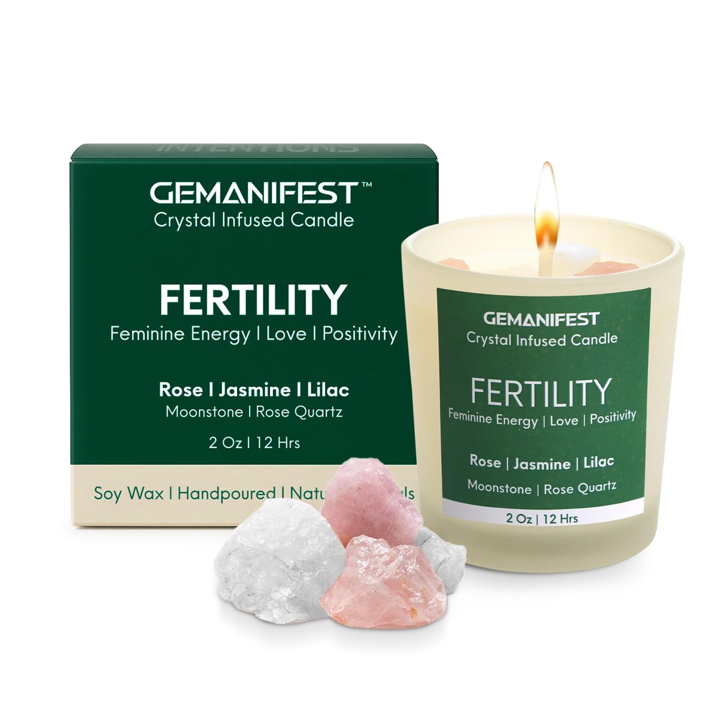 Fertility Crystal Candle for Women Trying to Conceive Rose Jasmine Lilac Scented Manifestation Candles with Moonstone and Rose Quartz Gifts for Women Going Through IVF or Hormone Balance