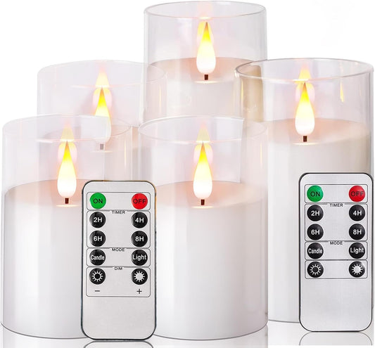 NICEME Pure White Flickering Flameless Candles, Battery Operated Acrylic LED Pillar Candles with Remote Control and Timer, Set of 5