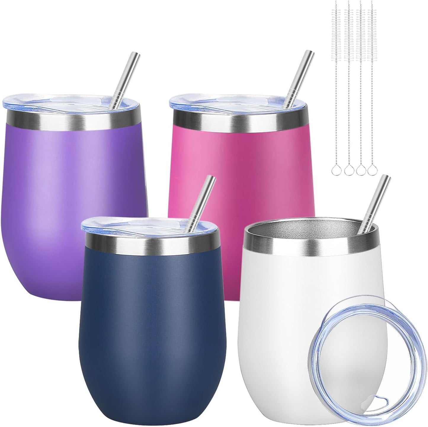 12oz/4 Pack Wine Tumbler Glasses with Lid Stemless Double Wall Vacuum Stainless Steel Travel Tumbler Keeping Cold & Hot for Wine,Coffee,Cocktails,Christmas Drinks-Family and Gifts(Multi color-6)