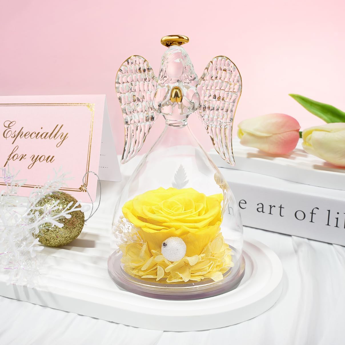 Sunia Preserved Flower Rose Gift for Women - Mother's Day Birthday Gifts for Mom Wife Grandma, Glass Angel Figurines Forever Real Roses Gifts for Her Valentine Day Thanksgiving﻿ (Yellow)