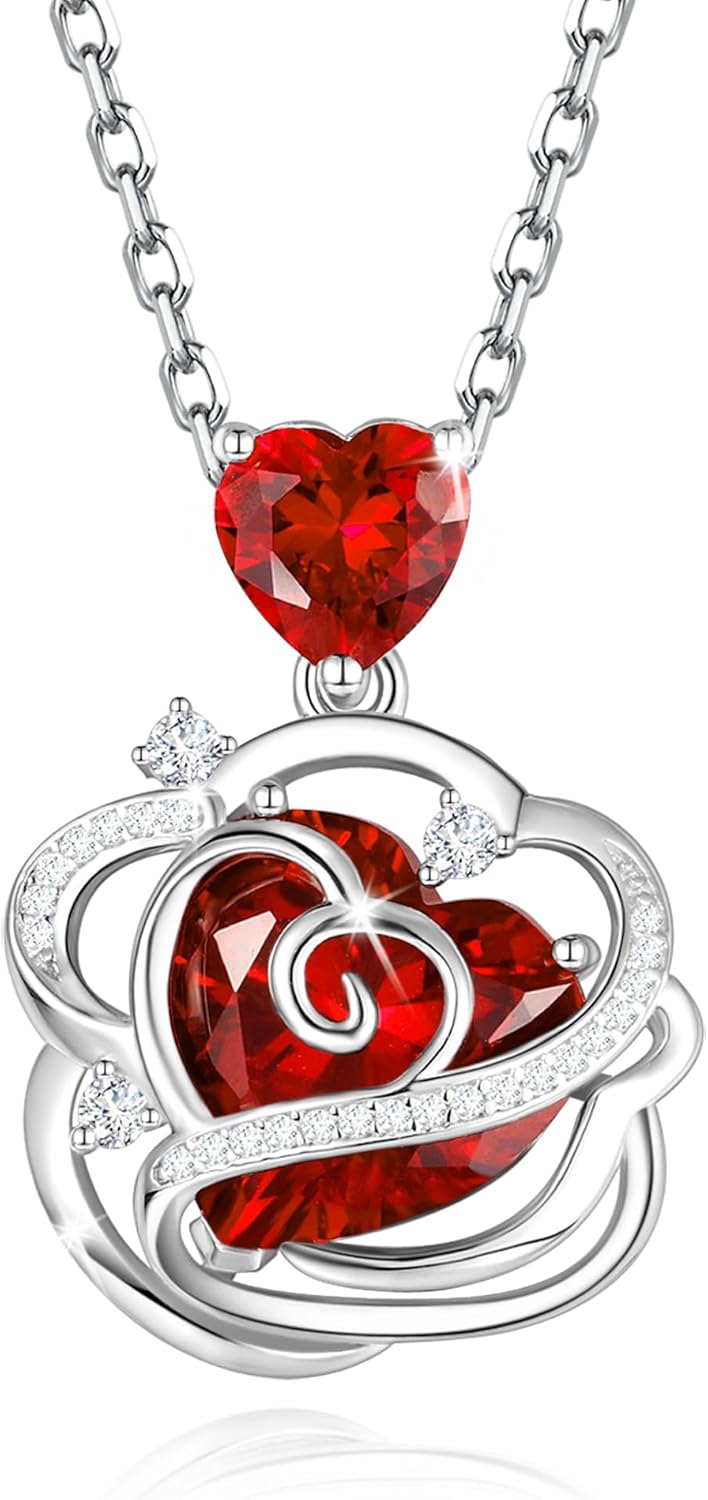 FANCIME Thornless Pulse Birthstone Necklace for Women Sterling Silver Rose Pendant Fine Jewelry Gemstone Birthday Christmas Gifts for Wife Her