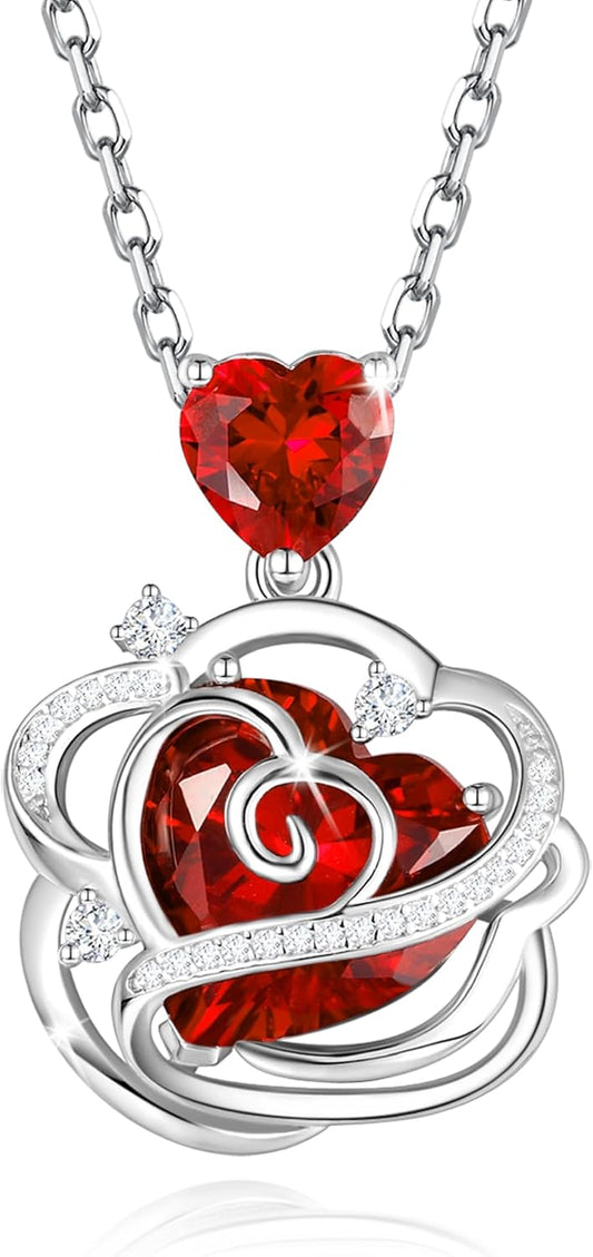 FANCIME Thornless Pulse Birthstone Necklace for Women Sterling Silver Rose Pendant Fine Jewelry Gemstone Birthday Christmas Gifts for Wife Her