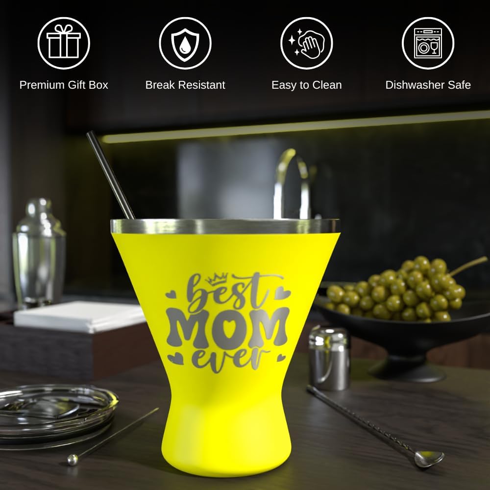 Mothers Day Gifts For Mom - Best Mom Ever Stainless Steel Martini Glass [Yellow, 10oz, Pack of 1] - Powder - Coated, Double Wall Margarita Cup - Birthday, Mother's Day, New Mom Gifts for Women