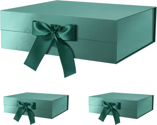GREEN BEAN 3 Extra Large Gift Box with Lid for Present 16.3x14.2x5 Inches, Green Magnetic Box with Ribbon, Shirt Gift Boxes for Clothes (Glossy Green)