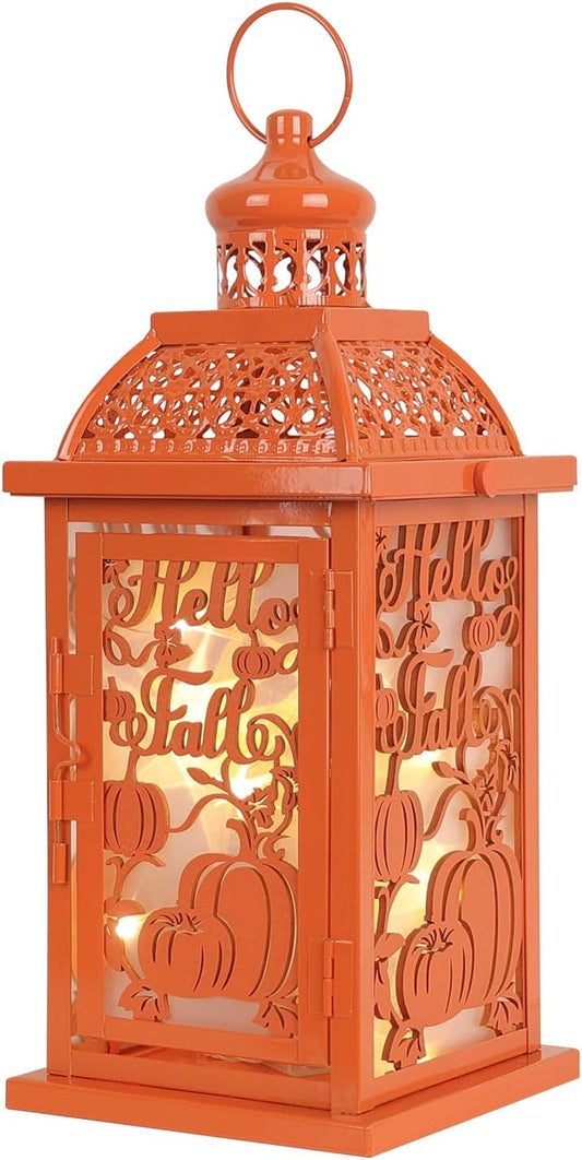 NEEDOMO Fall Decorations for Home, Orange Decorative Candle Lantern for Tabletop Mantel Decor, Vintage Metal Lantern Candle Holders for Indoor Outdoor Decor, Halloween,Thanksgiving,Fall