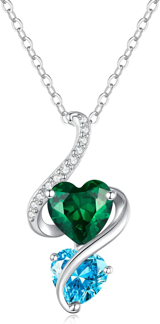 LOUISA SECRET Unique Double Heart Necklace Gifts for Wife Women, 925 Sterling Silver Tiny Birthstone Pendant Jewelry Gift for Her Girlfriend Mom Valentine's Day Anniversary Mother's Day Birthdays & Christmas