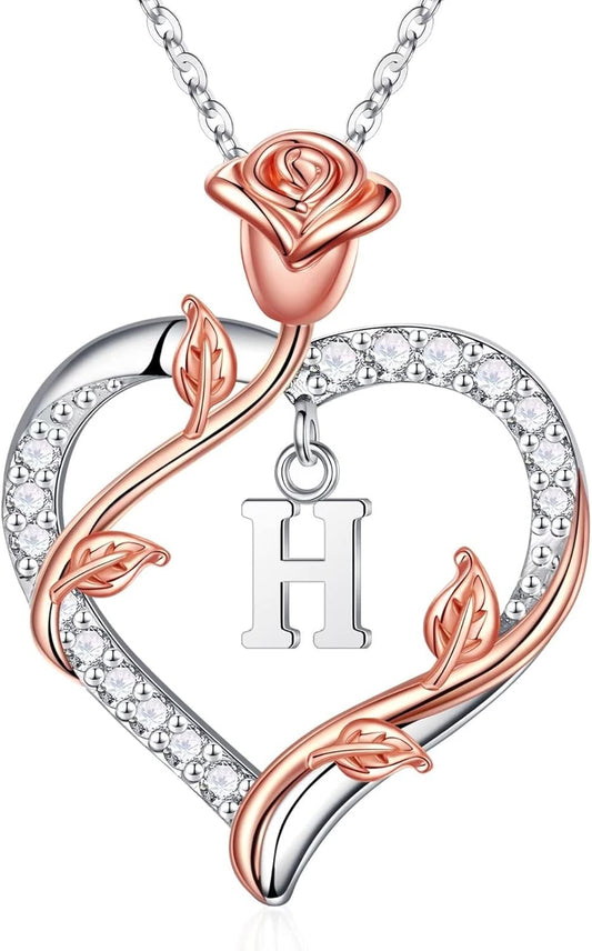 Iefil Rose Heart Necklaces Gifts for Women - 925 Sterling Silver Heart Initial Necklace, Anniversary Birthday Gifts for Women, Jewelry Gift for Wife Wife Girlfriend Mom