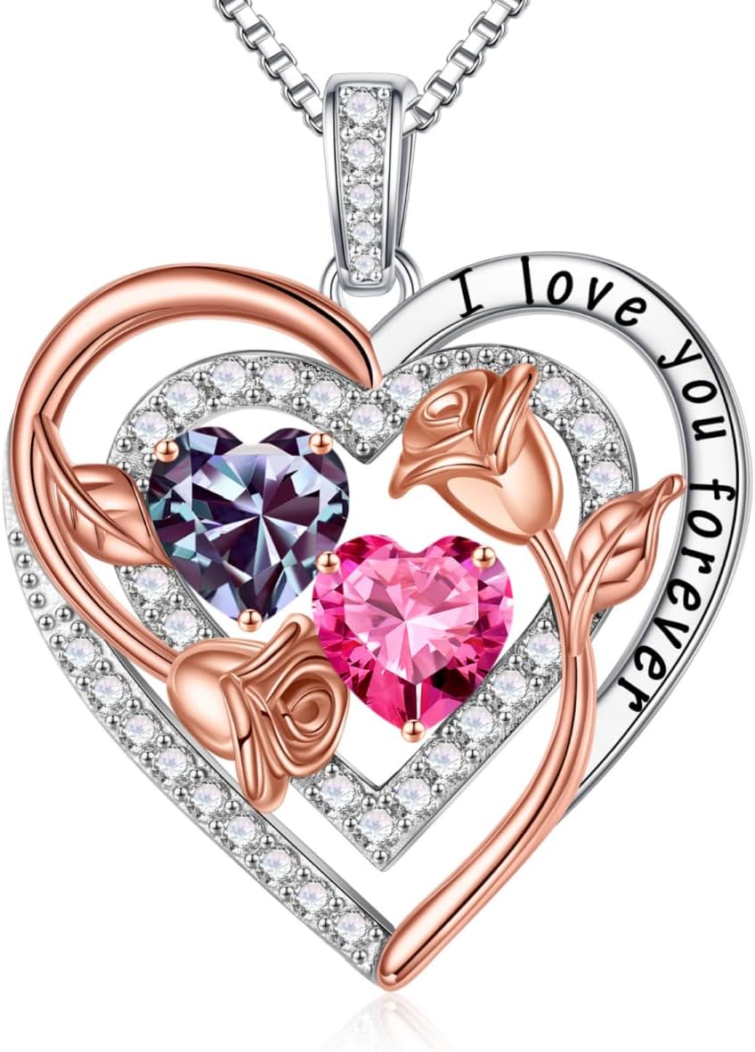 Iefil Birthstone Necklace for Women - Sterling Silver Birthstone Necklace Anniversary Birthday Gifts for Her Wife Mom Daughter