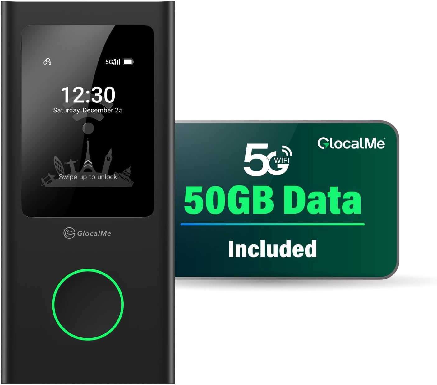 GlocalMe Numen Air 5G Hotspot with 50GB US/CA/MX Data 90Days, Portable WiFi Hotspot for Travel, Ultra High Speed Mobile Hotspot Device with Touch Screen, No SIM Card Required, 16 Connected Devices